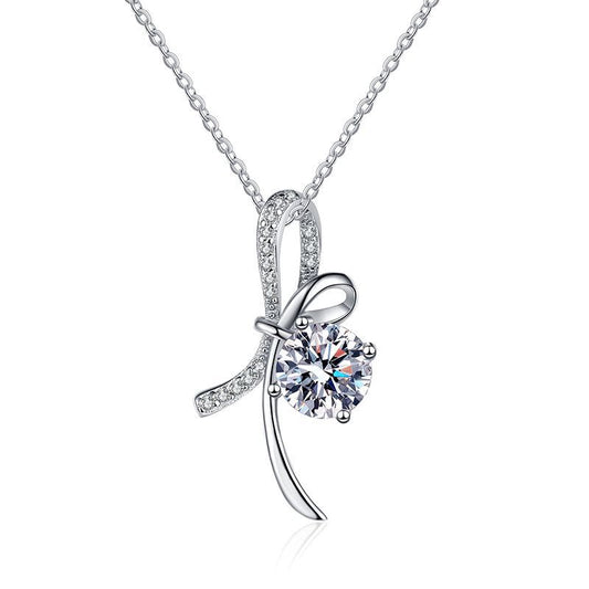 1 Carat D Color Moissanite Bow Necklace | 925 Sterling Silver Pendant, PT950 Plated