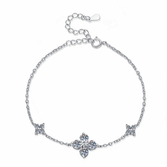 Four Leaf Clover Moissanite Bracelet - Sterling Silver Lucky Charm Bracelet for Women